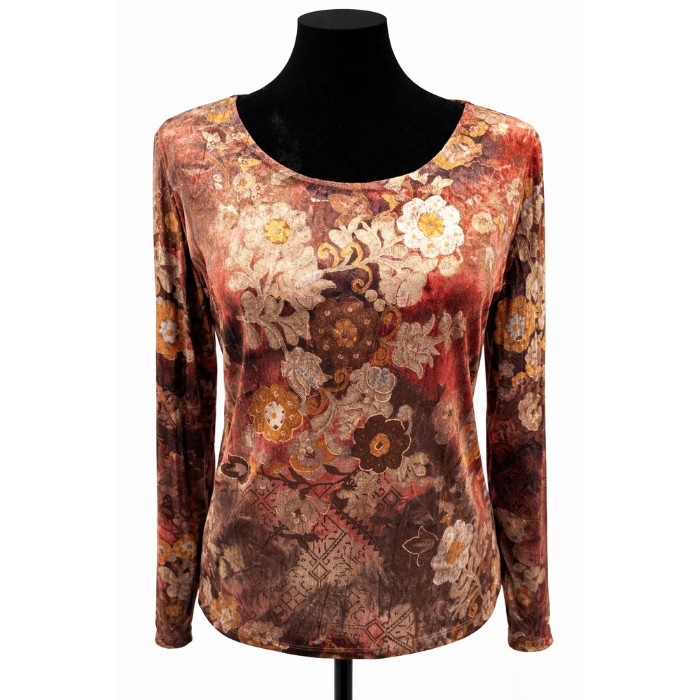Conrad C Womens Pullover‎ Top Large Multicolor Antique Floral Velvet Print